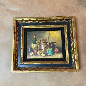 1950's-60's Stil Life Oil on Canvas Painting Vine Apples and Jars by Sohler